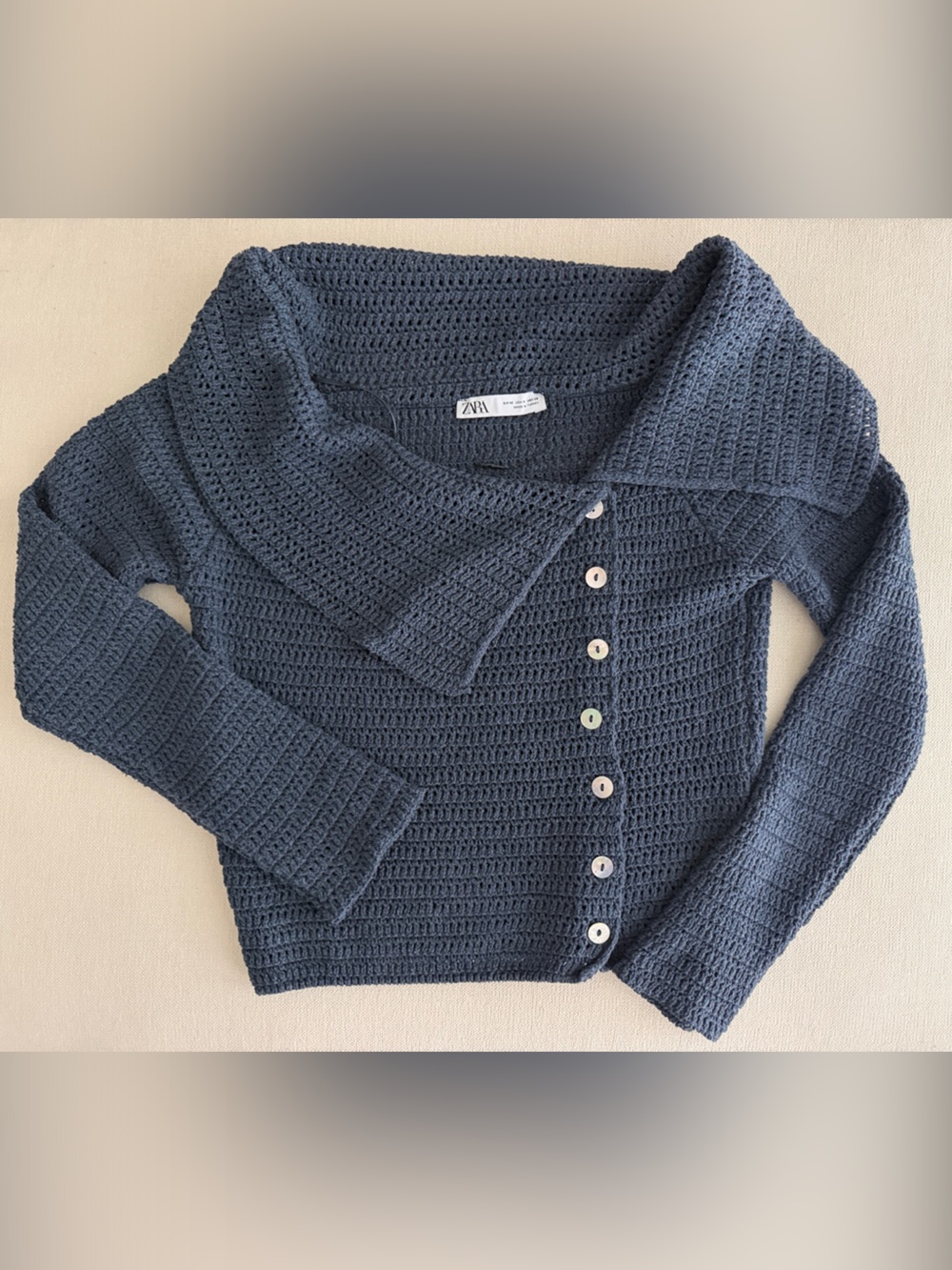 Zara Dark Blue Off-Shoulder Button Knit Sweater size